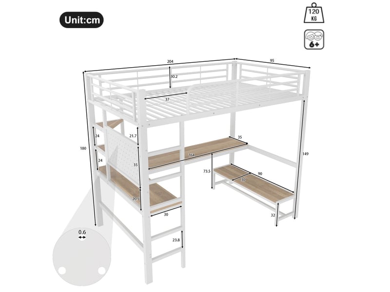  Lit mezzanine 90x200, structure métal robuste lit mezzanine avec bureau, garde-corps sécurité, échelle, rangements, led, ports usb  - Conforama C