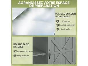 Desserte jardin chariot de barbecue sur roulettes avec plateau en acier inoxydable gris 107x49,5x92,5cm