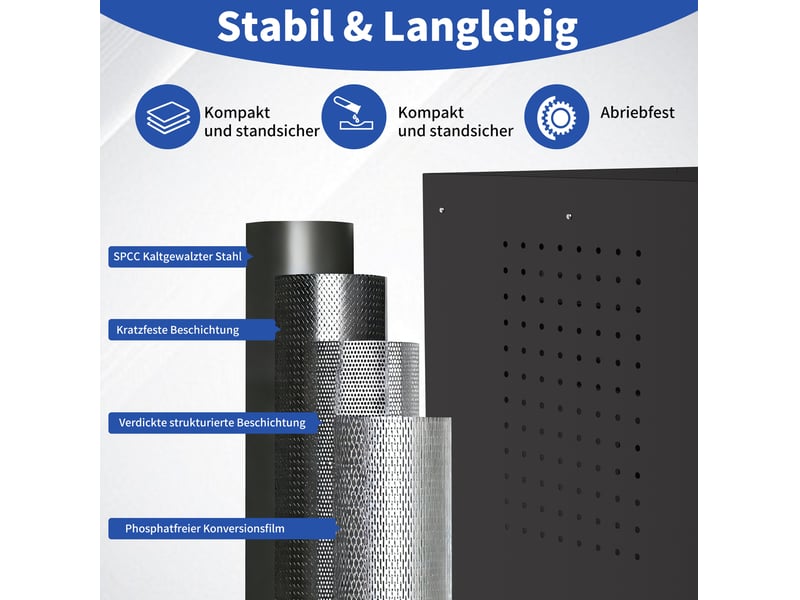  Armoire à outils en métal avec 3 tiroirs, 2 portes verrouillables et panneau perforé pour atelier 75 × 42 × 87,3 cm  - Conforama D