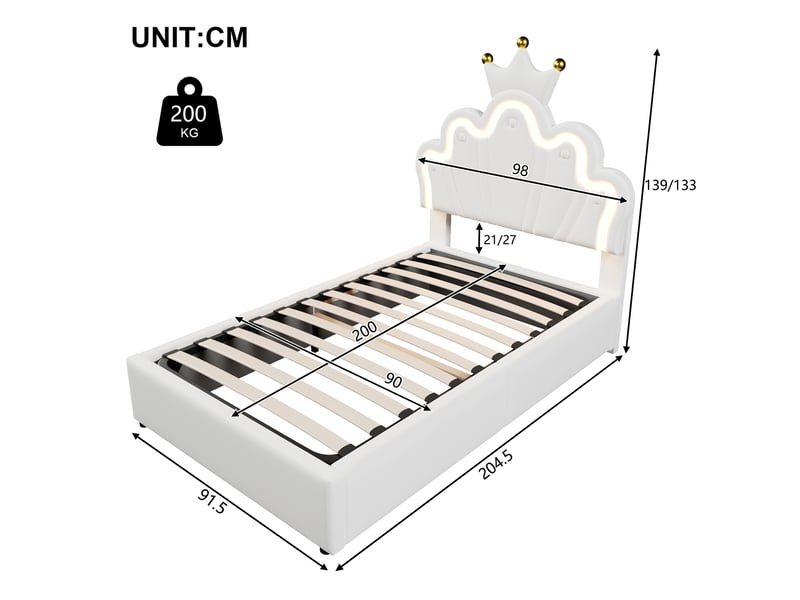  Lit coffre rembourré 90x200cm coloris blanc led pu lit enfant blanc - Conforama C