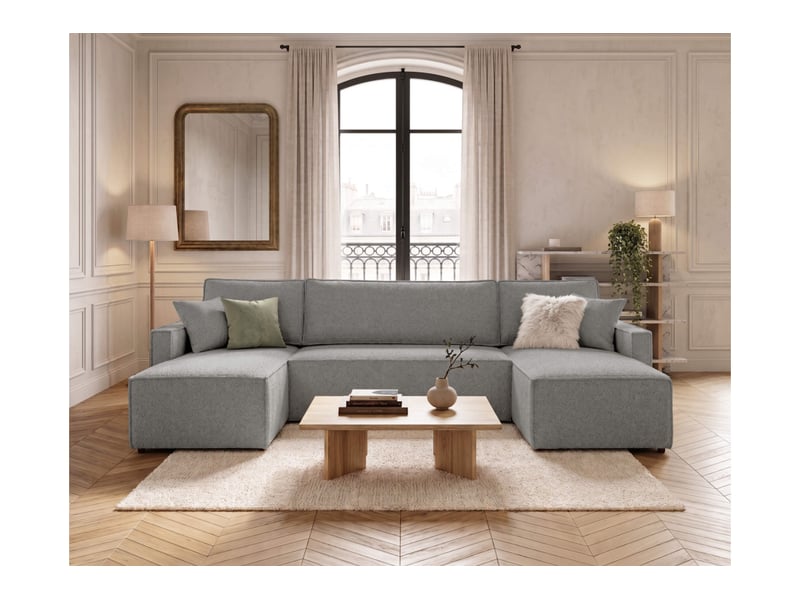  Farah - canapé d'angle panoramique convertible 6 places accoudoirs slim en tissu bouclettes texturées  - Conforama B