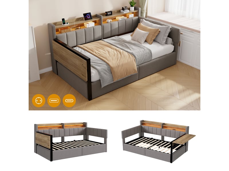 Lit coffre banquette 90x200 cm, lit hydraulique rembourré, table rabattable, tête de lit rangement, led, usb-c, velours (sans matelas), gris CozyNest - Conforama B
