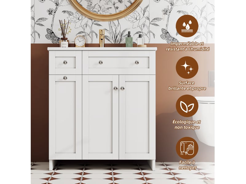  Meuble vasque de salle de bains 76x47x86 cm avec 3 tiroirs blanc  - Conforama D