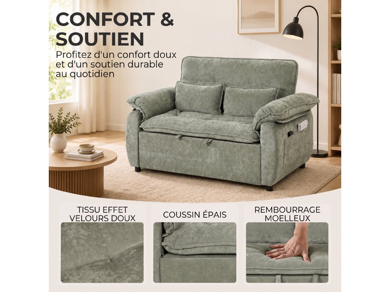  Canapé convertible 2 places, canapé-lit 3 en 1 velours 137 cm, dossier réglable, 2 oreillers, assise large, vert  - Conforama E