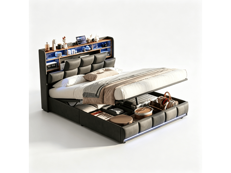 Lit adulte 2 places 140x190 cm noir - lit coffre avec tête de lit pu, usb et led réglable, sommier à lattes, rangement hydraulique, capacité 250 kg - Conforama A