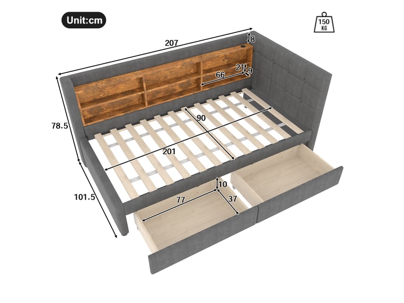  Lit banquette tcqpz 90 x 200 cm avec 2 tiroirs usb type-c rangements tête de lit en lin gris  - Conforama C