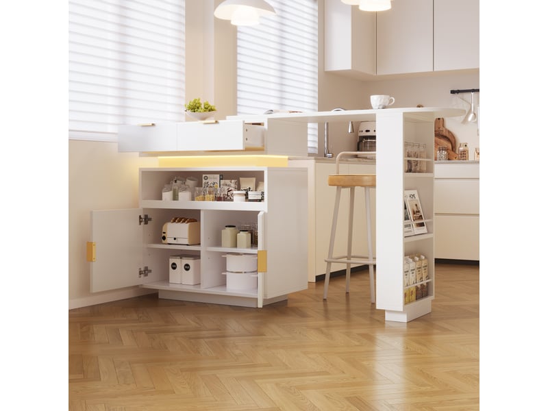 Îlot de cuisine extensible, table de bar blanche avec rangement, plateau pivotant, 115 à 183 cm - Conforama R