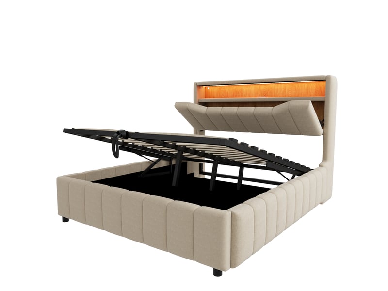  Lit coffre 140 × 200 cm en tissu effet lin beige, led, usb et usb-c IKSETERA TRADING LTD - Conforama R