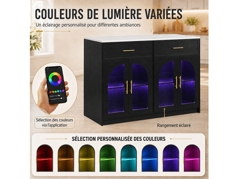 Desserte de cuisine led avec 2 tiroirs, portes vitrées et étagères réglables, pour cuisine, mdf noir, 135 × 55 × 91 cm - Conforama E