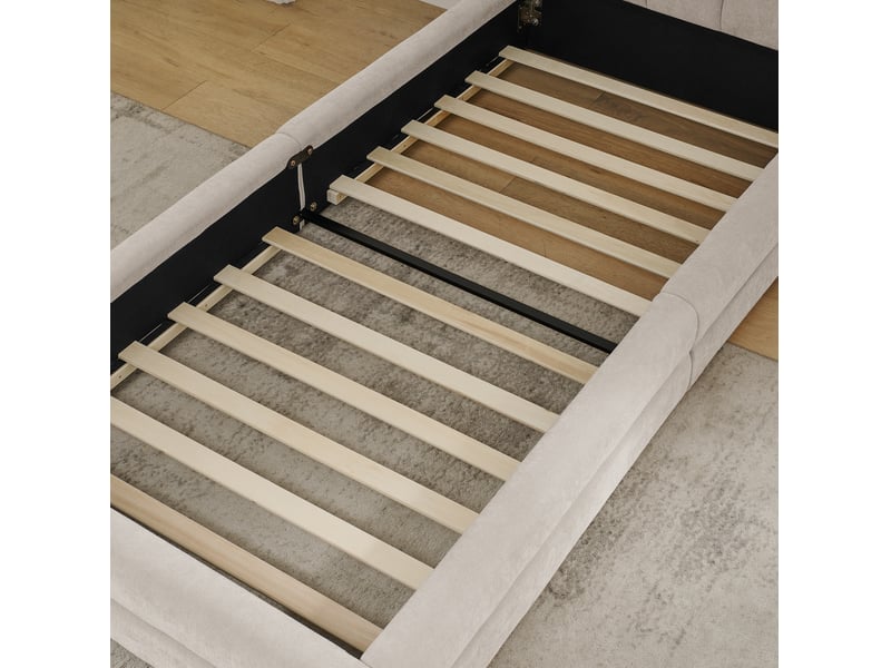  Lit simple 90x200 cm en chenille beige avec tête de lit, sans matelas  - Conforama R