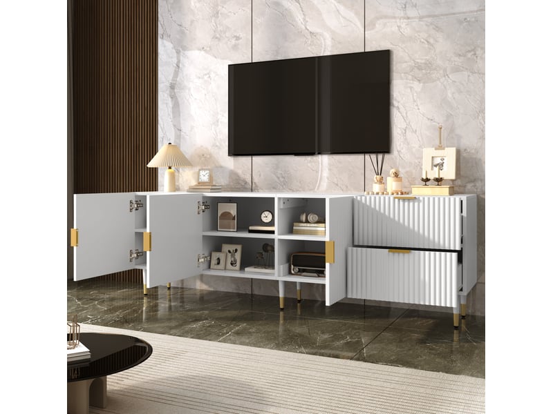 Meuble tv avec 3 portes, tiroirs, passe-câbles, pieds réglables et charnières silencieuses, 170 × 35,5 × 55 cm - Conforama C