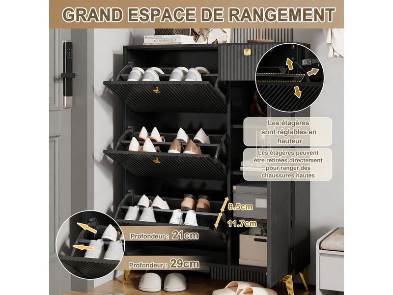  Meuble à chaussures noir 3 abattants, 1 tiroir et 1 porte, façade ondulée, l 90 x p 25 x h 121 cm  - Conforama B