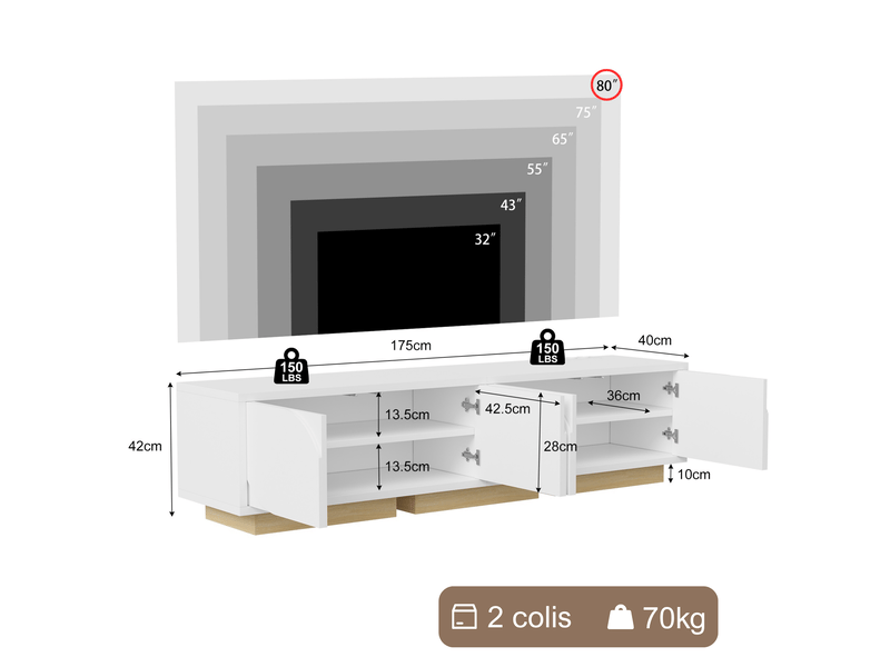  Meuble tv 175 cm longueur, meuble tv blanc et bois, meuble tele blanc brillant avec rangement, meuble tv moderne en bois pour salon ou chambre, support tv jusqu’à 75  - Conforama C