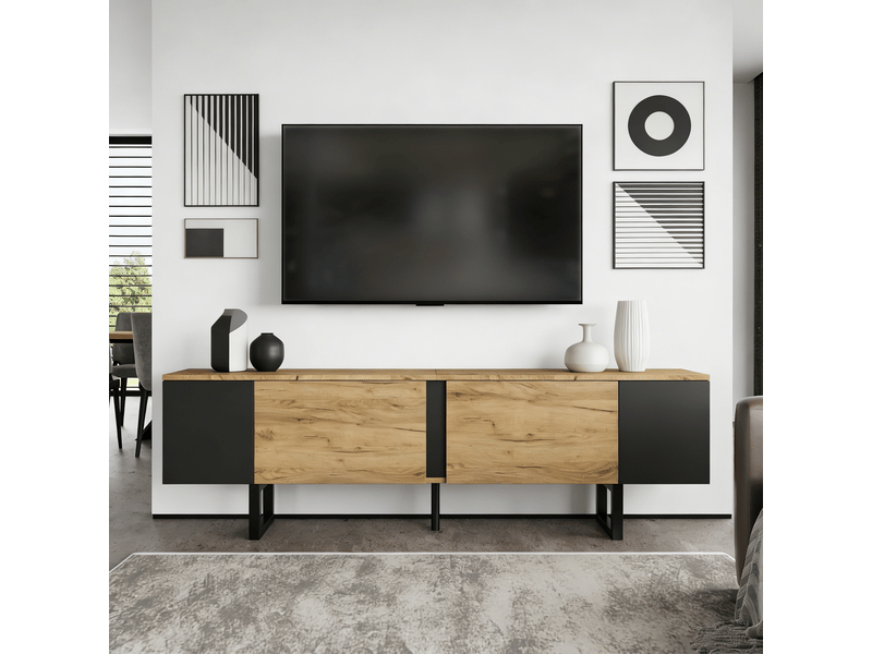  Meuble tv 180 cm pour écran jusqu'à 75 pouces, meuble tv bas pour salon, rangement bois naturel et noir avec 2 placards  - Conforama B