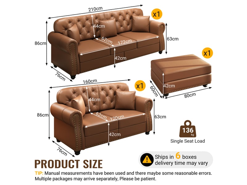  Canapé chesterfield 3 places + 3 poufs en simili cuir marron, 210 cm Fay Lum - Conforama C