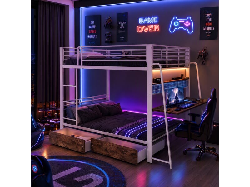  Lit superposé modenvie 140 x 200 cm avec bureau, 2 tiroirs, led rgb et prises, métal et mdf blanc  - Conforama B