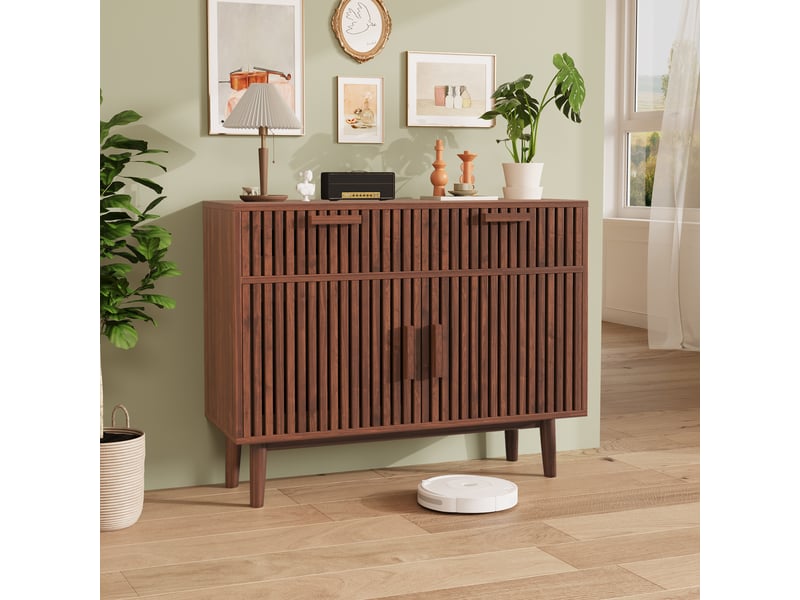  Buffet de cuisine 100 x 35 x 80 cm - noyer - meuble de rangement avec 2 tiroirs et 2 portes, style rétro et moderne  - Conforama E