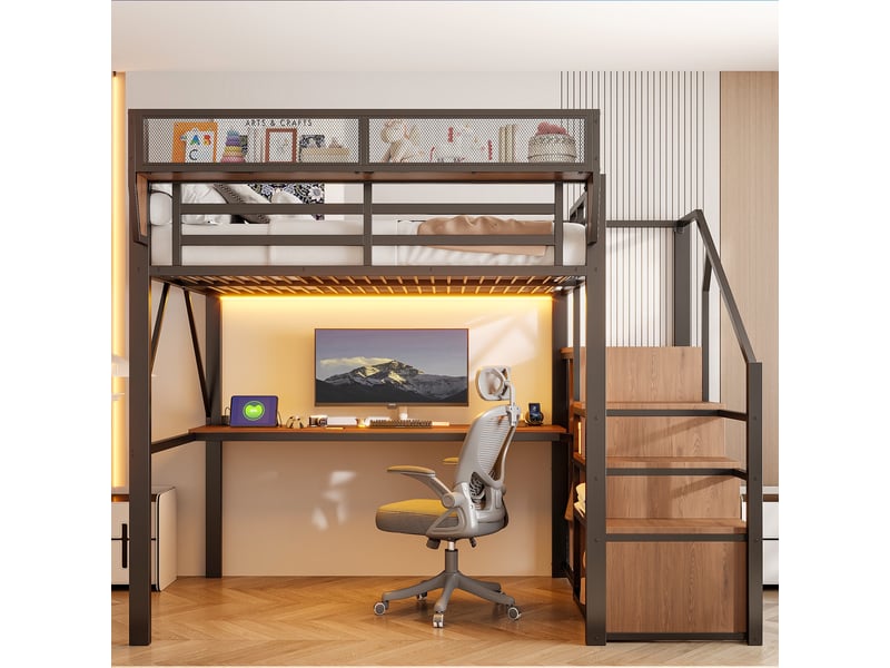  Lit mezzanine 140x200cm - lit double 140x200 en métal avec bureau, escalier de sécurité et éclairage led rgb - noir  - Conforama D