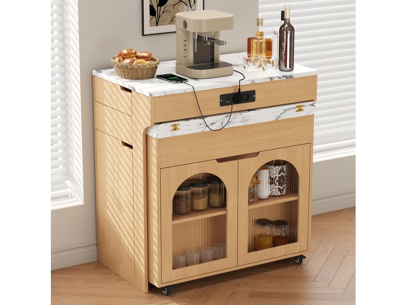  Desserte de cuisine extensible avec 2 tiroirs et étagères réglables, prises intégrées, naturel, 55–153 × 80 × 93 cm  - Conforama D