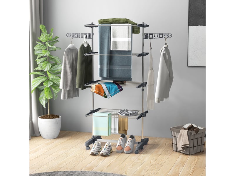  Séchoir à linge pliable avec ailettes latérales, pour une utilisation intérieure et extérieure, 142 x 55 x 172 cm, 4 niveaux, gris  - Conforama D