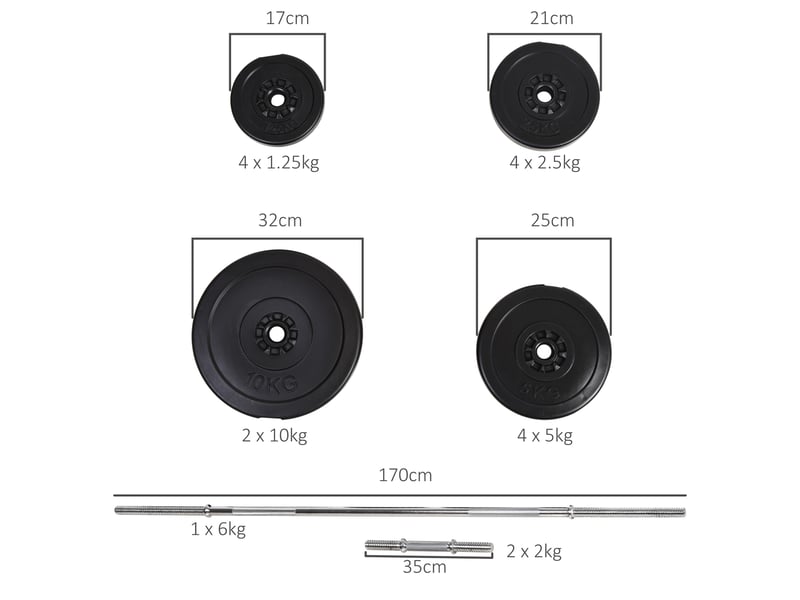 Kit musculation 55 kg, haltères + barre, poids ajustables 2 en 1, disques, barre 170 cm, domicilesalle, noir. - Conforama E