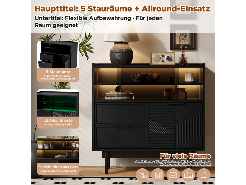  Meuble de rangement avec portes coulissantes en verre, niches ouvertes et led réglable, pour salon, mdf noir  - Conforama E