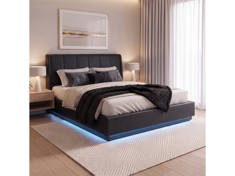  Lit double capitonné tröstiar avec éclairage led 160 x 200 cm noir simili [en.casa] Tröstiar - Conforama B