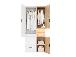 Armoire avec 4 tiroirs, niche ouverte led et 2 tringles à vêtements pour chambre, blanc et chêne, 90 × 49 × 200 cm