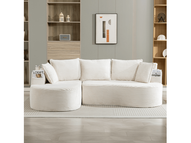  Canapé fixe incurvé 3 places en velours côtelé beige, avec porte-gobelets et poches latérales pour le salon  - Conforama E