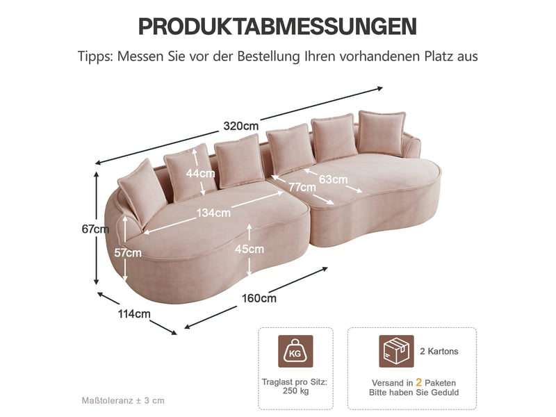Canapé modulaire 4 places sans cadre en chenille rose avec coussins - 320 x 114 x 67 cm - Conforama E