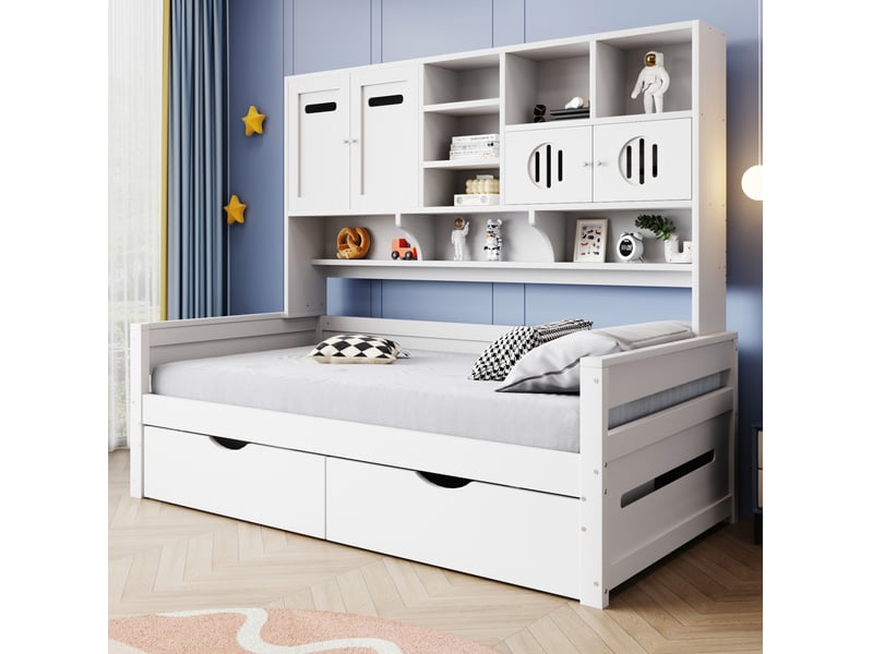  Lit banquette 90 x 200 cm avec rangements, 2 tiroirs et sommier à lattes, blanc  - Conforama E
