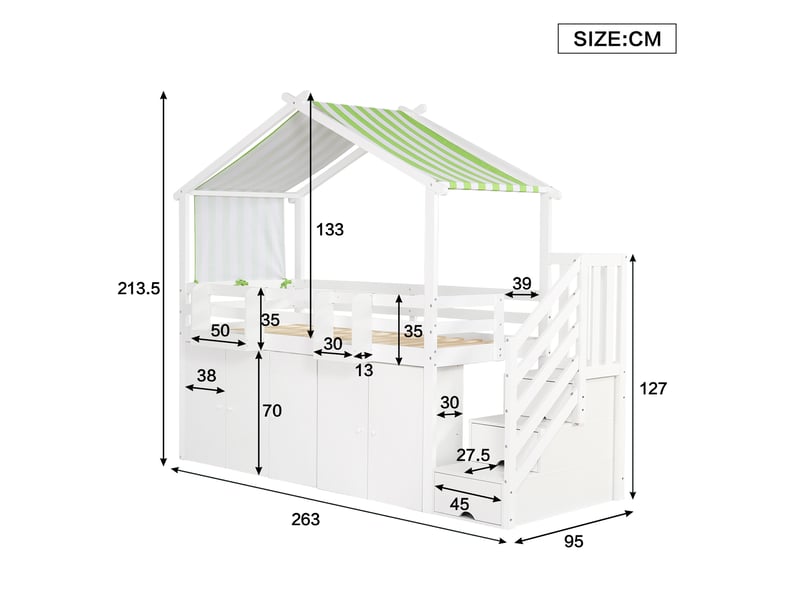 Lit superposé enfant 90x200 cm avec toit, rangements et armoire, blanc et vert - Conforama C