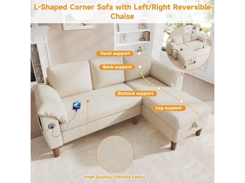 Canapé d'angle 3 places en tissu chenille beige, méridienne réversible avec rangement, ports usbtype-c - Conforama E