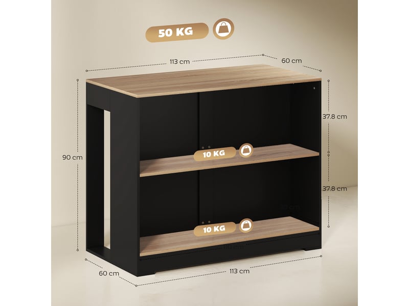  Îlot de cuisine avec comptoir bar et 3 étagères pour salon et séjour, 113 x 60 x 90 cm, noir et bois  - Conforama E