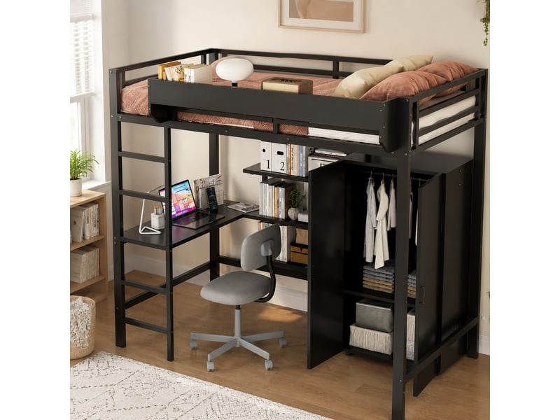 Lit superposé 90x200 cm en métal noir avec bureau, armoire et rangements - Conforama B
