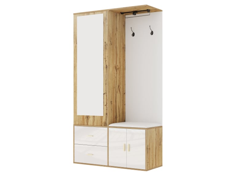 Ensemble garde-robe blanc et bois avec miroir — banc à chaussures avec crochets et penderie télescopique - Conforama A