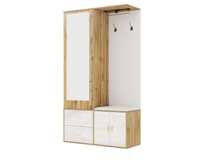 Ensemble garde-robe blanc et bois avec miroir — banc à chaussures avec crochets et penderie télescopique