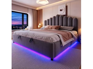 Lit coffre 180 × 200 cm 2 places avec led multicolore et rangement hydraulique, sans matelas, en velours gris