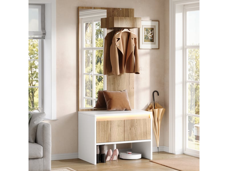  Vestiaire d'entrée avec miroir et banc, porte-manteau sur pied, meuble chaussures 2 tiroirs, blanc 60cm  - Conforama E