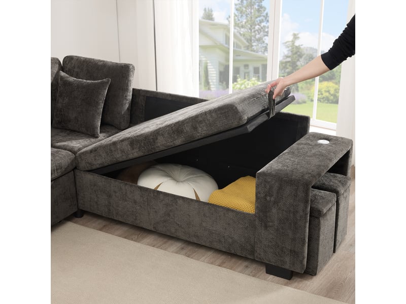  Canapé d'angle convertible gris, canapé en l 5 places avec coffre de rangement, ports usb et porte-gobelets pour salon, 220x205cm  - Conforama D