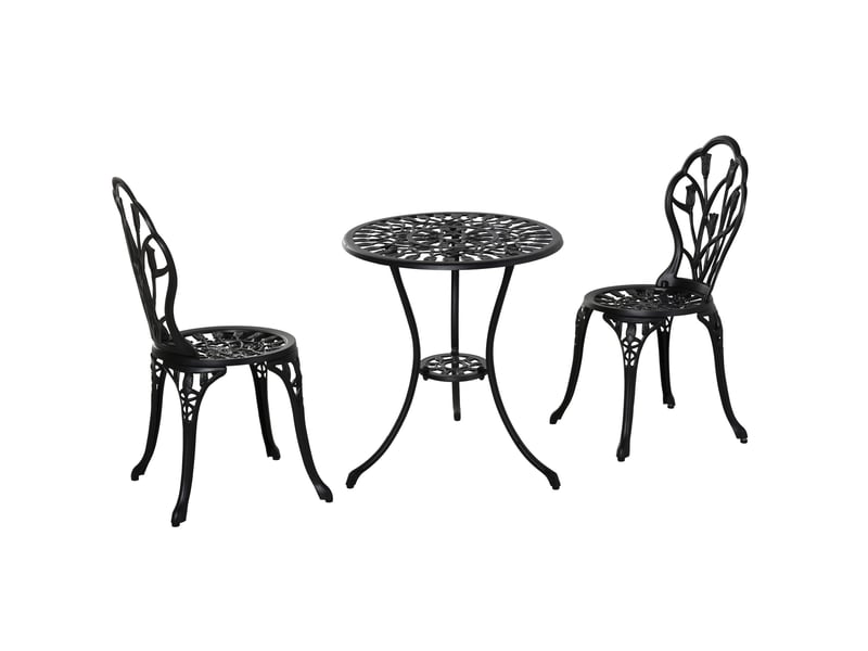 Salon de jardin 2 personnes 3 pièces, table ronde 60 cm et 2 chaises pliantes noires en aluminium, balcon - Conforama A