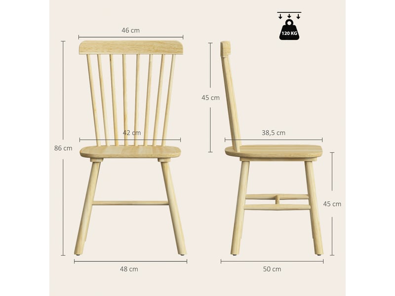  Lot de 2 chaises de salle à manger, chaises cuisine en bois d'hévéa, bords arrondis, dossier incurvé, bois naturel  - Conforama C