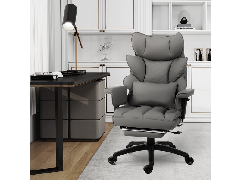  Fauteuil gaming ergonomique avec ressorts ensachés, coussin lombaire réglable, accoudoirs et repose-pieds – similicuir gris  - Conforama E