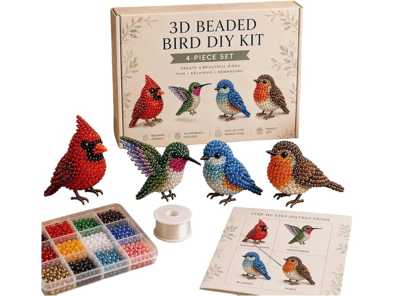  Kit diy animaux 3d en perles, 4 modèles de broderie avec oiseaux et animaux, loisirs créatifs pour adultes débutants, oiseaux de jardin  - Conforama A