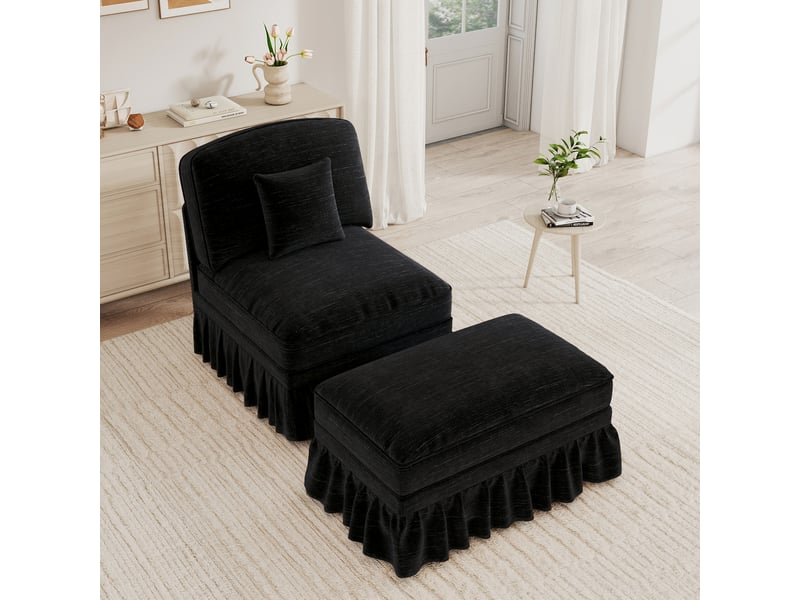  Fauteuil lounge classique en chenille noir avec pouf amovible et pieds fuselés  - Conforama E