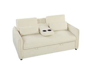 Canapé convertible 2 places 3 en 1, canapé-lit clic clac en chenille avec dossier réglable, beige, porte-gobelets