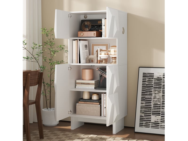Buffet haut 60,5x34x135,5 cm, 4 portes, relief géométrique, niche ouverte, panneau de particules, blanc - Conforama D