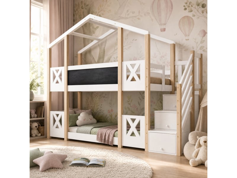  Lit superposé enfant 90 x 200 cm avec escalier de rangement et tableau, blanc naturel  - Conforama B