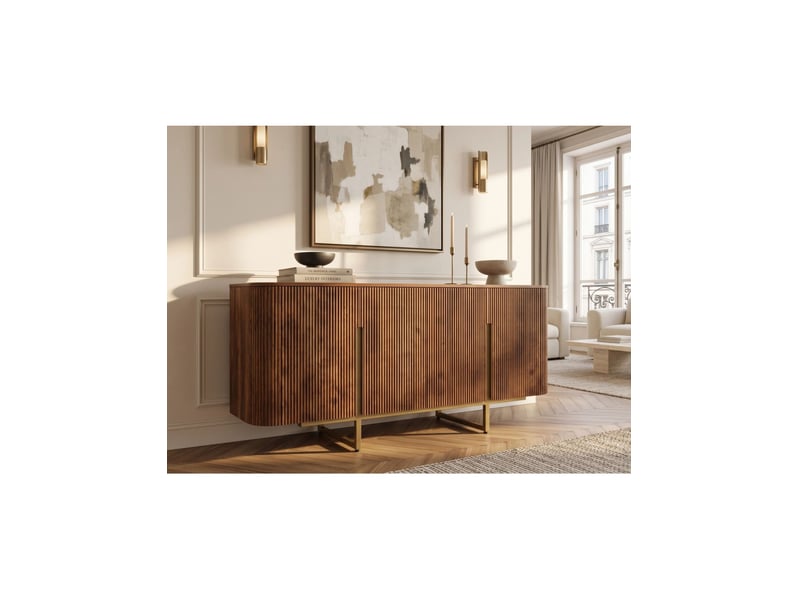  Buffet orion 160 cm en bois massif de manguier – 4 portes rainurées et piètement doré  - Conforama B