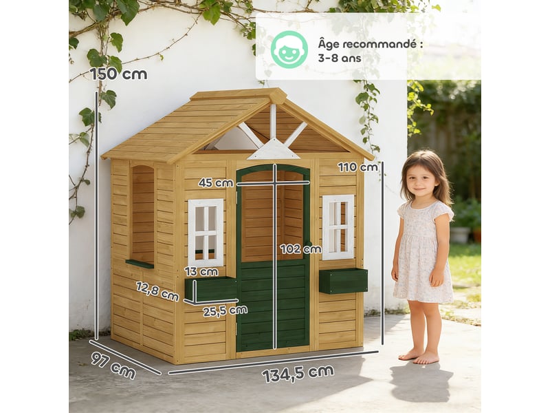  Cabane enfant extérieur en bois, maison enfant extérieure avec porte, fenêtres, 2 bacs à fleurs, marron, 134,5x97x150cm  - Conforama C